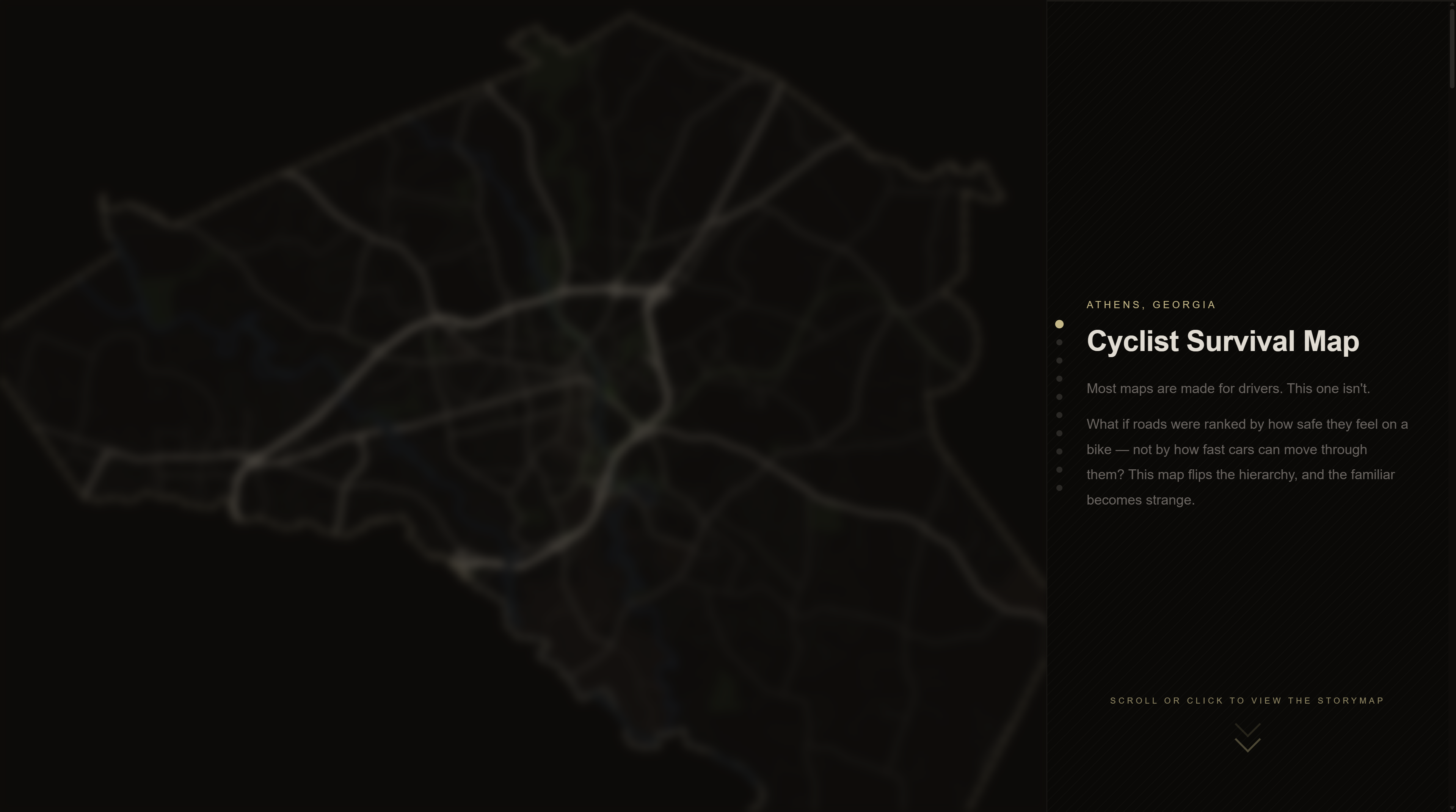 Opening screen of the Cyclist Survival Map story map over a blurred street network