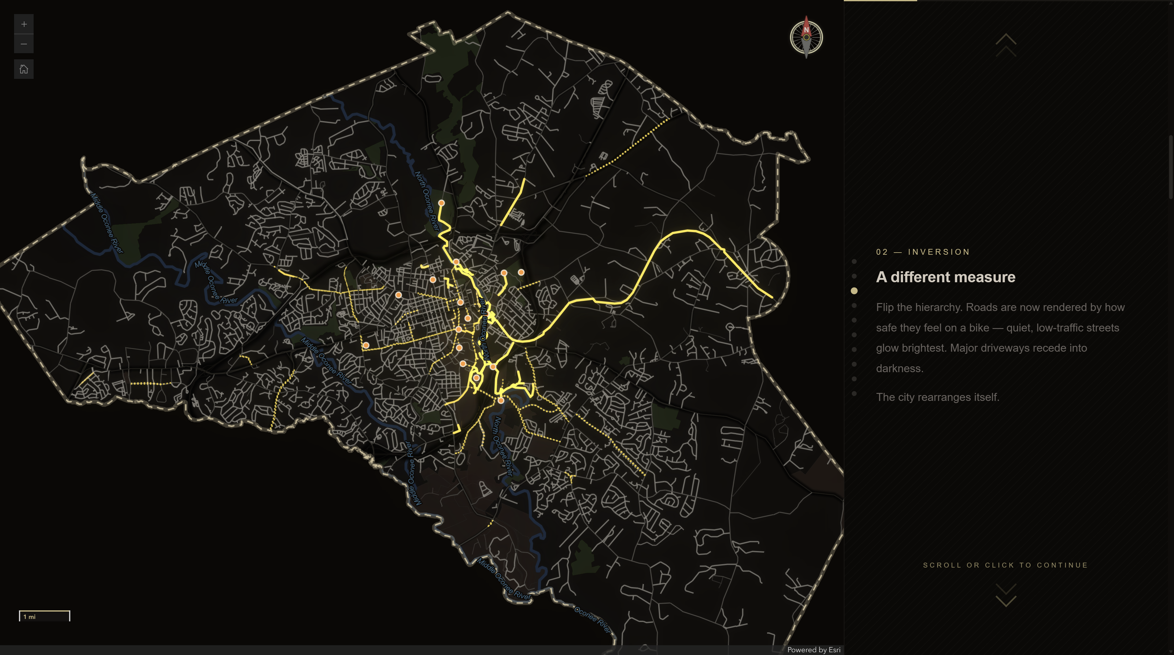 Inverted street hierarchy map highlighting safer cycling routes in yellow