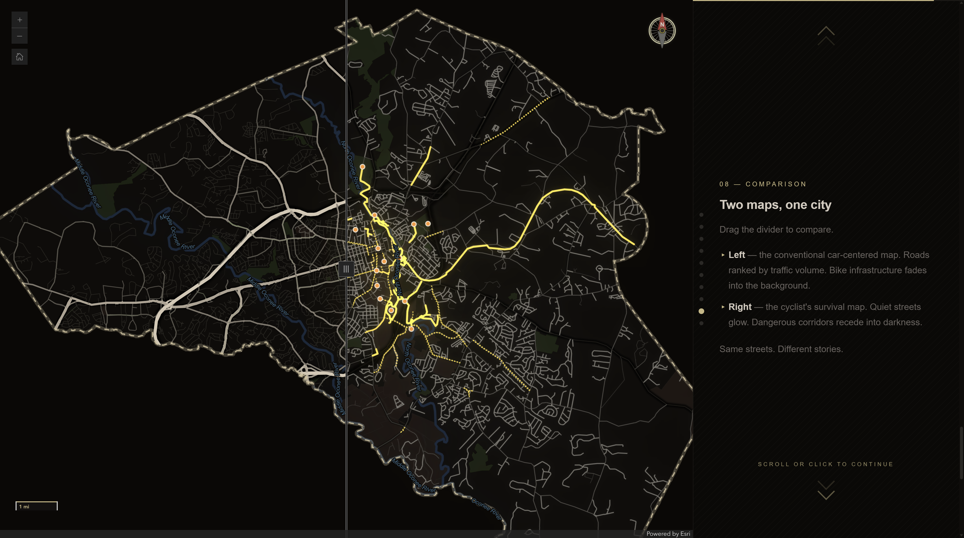 Side-by-side comparison of the conventional road map and cyclist survival map of Athens