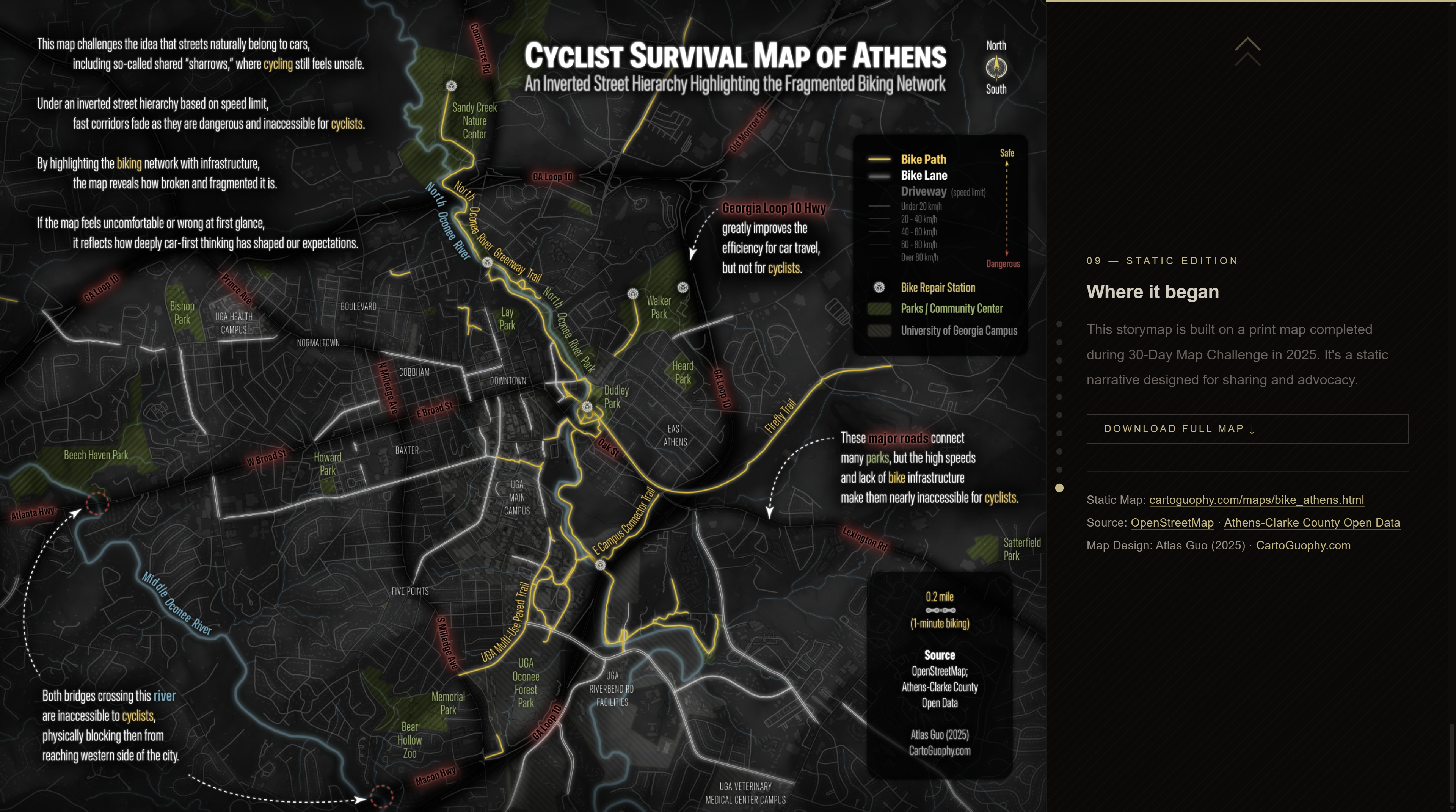 Story map screen presenting the static Cyclist Survival Map of Athens